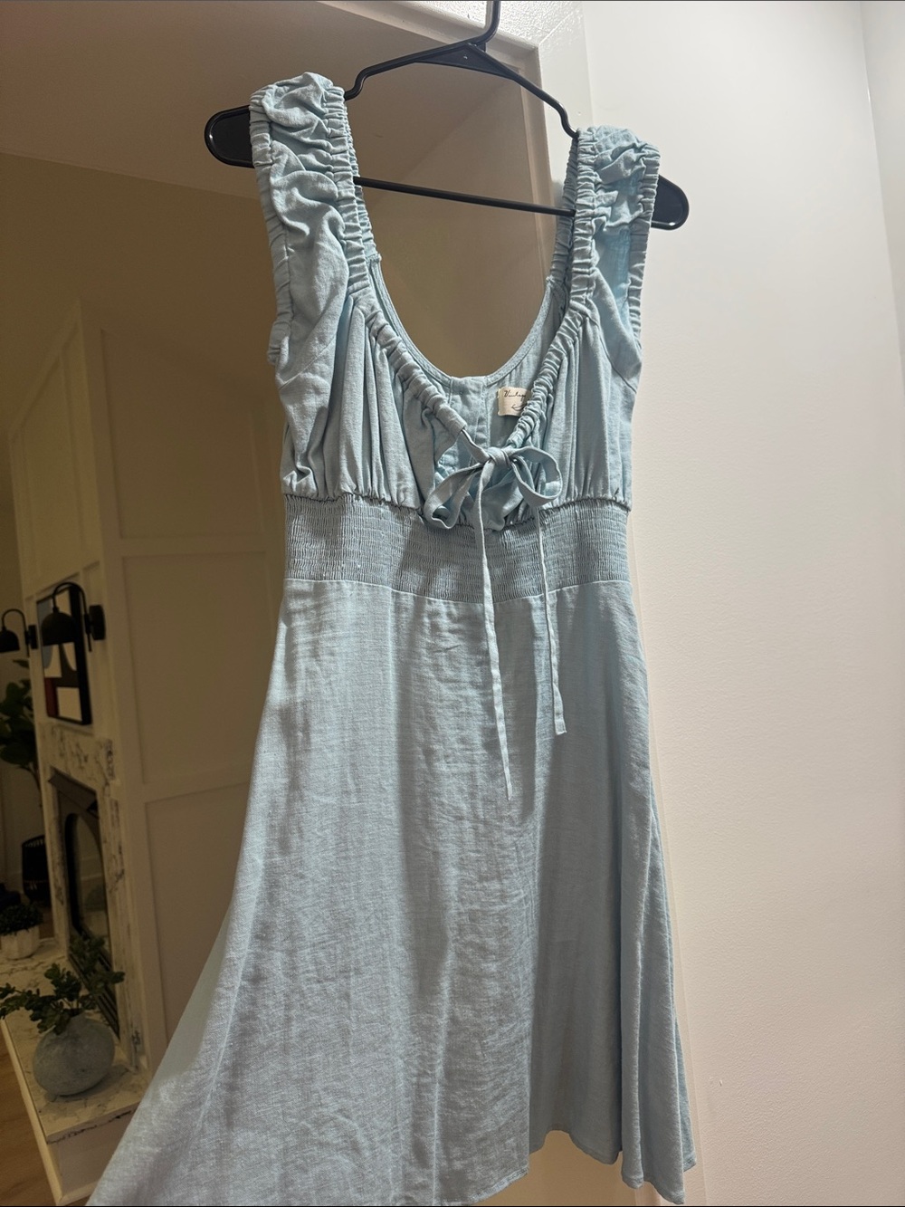 Vintage Havana Pale Blue Ruffle-Shoulder Mini Dress